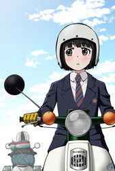  2girls aqua_stripes back-to-back black_hair blazer blue_jacket blue_sky blue_stripes blunt_bangs blunt_ends blush bob_cut brown_gloves buntaichou cloud cloudy_sky coat collared_jacket collared_shirt commentary_request crossover dated day gloves grey_coat grey_eyes helmet highres honda honda_super_cub jacket koguma_(super_cub) looking_back moped motor_vehicle motorcycle motorcycle_helmet multiple_girls necktie open_mouth parted_lips red_stripes riding scarf school_uniform scooter shima_rin shirt short_hair sideways_glance signature sky sleeping_bag striped_clothes striped_necktie striped_scarf super_cub trait_connection white_shirt wind winter_clothes winter_coat yamaha yamaha_vino yellow_gloves yurucamp 