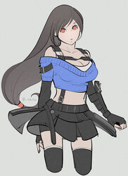  bare_shoulders belt black_hair black_skirt blue_sweater breasts cleavage crop_top cropped_legs detached_sleeves female final_fantasy final_fantasy_vii final_fantasy_vii_ever_crisis fingerless_gloves gloves harness highres long_hair looking_at_viewer low-tied_long_hair midriff off-shoulder_sweater off_shoulder official_alternate_costume red_eyes shillo simple_background skirt solo strap suspender_skirt suspenders suspenders_under_shirt sweater tank_top thighhighs tifa_lockhart tifa_lockhart_(metalfoot) 