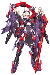  auv_susanowo breasts center_opening covered_navel crossed_bangs eyepatch female full_body garter_straps green_eyes highleg highleg_leotard highres huge_weapon impossible_clothes impossible_leotard large_breasts leotard light_brown_hair looking_at_viewer mecha_musume mechanical_arms mechanical_legs megami_device nidy official_art purple_leotard shiny_skin short_hair simple_background skin_tight solo standing weapon white_background 