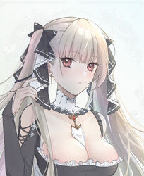  absurdres azur_lane between_breasts black_nails black_ribbon breasts cleavage closed_mouth commentary female formidable_(azur_lane) grey_hair hair_ribbon highres kuooooaiq large_breasts long_hair looking_at_viewer nail_polish red_eyes ribbon solo twintails two-tone_ribbon upper_body white_ribbon 