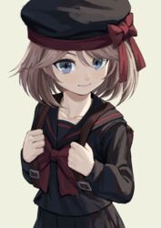  backpack bag black_hat blue_eyes blush bow brown_bag brown_hair cardfight!!_vanguard closed_mouth collarbone commentary_request eyelashes fagi_(kakikaki) female hair_between_eyes hat hat_bow holding_strap long_sleeves red_bow school_uniform sendou_emi serafuku simple_background skirt smile solo 