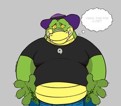  2023 alligator alligatorid anthro belly big_belly bodily_fluids bottomwear brok_(brok_the_investigator) brok_the_investigator clothing cowcat_games crocodilian english_text green_body hat headgear headwear hi_res male nervous overweight overweight_male pants reptile scalie shirt simple_background solo sweat syncrotrace text topwear 