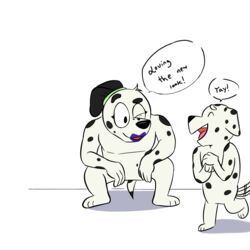  1:1 absurd_res anthro beargarbage bluey_(series) canid canine canis cheering chloe_(bluey) dalmatian dialogue domestic_dog drop_shadow duo female frank_(bluey) fur hi_res lipstick makeup male mammal markings mascara shadow simple_background spots spotted_body spotted_fur white_background 