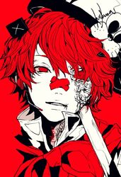  1boy 3kuma animal_hat bandaid bandaid_on_face bandaid_on_nose bow bowtie cane cat_hat coat empty_eyes flag fukase hat high_contrast highres male_focus parted_lips red_background red_bow red_bowtie red_eyes red_hair scar scar_on_face vocaloid white_coat x 