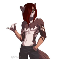  1:1 african_wild_dog ako_(character) anthro brown_body brown_fur canid canine clothed clothing digital_drawing_(artwork) digital_media_(artwork) fur furrholic green_eyes grin hair hair_over_eye long_hair male mammal one_eye_obstructed red_hair smile solo topless white_body white_fur 