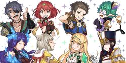  2boys 6+girls animal_ears arm_behind_head armpits black_coat blonde_hair breasts brighid_(xenoblade) brown_eyes cat_ears cat_girl chest_jewel circlet closed_eyes closed_mouth coat commentary_request curvy eyepatch fiery_hair glasses gloves green_skirt grey_hair highres kyosuke1413koba large_breasts long_hair morag_ladair_(xenoblade) multiple_boys multiple_girls mythra_(xenoblade) nia_(xenoblade) pandoria_(xenoblade) purple_hair pyra_(xenoblade) red_eyes red_hair rex_(xenoblade) shaded_face short_hair simple_background skirt swept_bangs thumbs_up upper_body very_long_hair white_background white_gloves xenoblade_chronicles_(series) xenoblade_chronicles_2 yellow_eyes zeke_von_genbu_(xenoblade) 