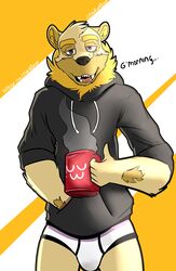  absurd_res american_black_bear anthro bear beverage black_bear briefs clothing coffee coffee_mug container cup drawyourfursona half-closed_eyes hi_res hoodie hoodie/briefs_meme karou_(thekbear) kermode_bear male mammal meme meme_clothing narrowed_eyes open_mouth simple_background solo standing text thekinkybear topwear underwear ursine white_clothing white_underwear 