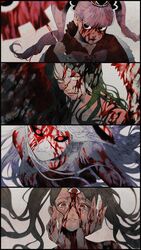  4girls black_sclera blood blood_from_eyes blood_on_face carrot_(one_piece) charlotte_pudding collage colored_sclera commentary crying eigoni furry furry_female green_hair hands_up highres monet_(one_piece) multiple_girls one_piece perona pink_hair red_eyes spoilers sulong_form third_eye twintails white_hair yellow_eyes 