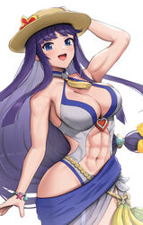  :d abs altina_(fire_emblem) altina_(summer)_(fire_emblem) banana blue_eyes blush bracelet breasts cleavage collarbone commentary cowboy_shot female fire_emblem fire_emblem:_radiant_dawn fire_emblem_heroes food fruit gonzarez grey_one-piece_swimsuit hat highres jewelry large_breasts long_hair looking_at_viewer navel official_alternate_costume one-piece_swimsuit purple_hair sarong simple_background smile solo swimsuit white_background 