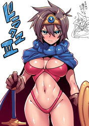  baramos breasts brown_hair circlet closed_mouth dragon_quest dragon_quest_iii female gloves heroine_(dq3) looking_at_viewer monster revealing_swimsuit_(dq) roto_(dq3) shield short_hair simple_background smile swimsuit sword tukiwani weapon white_background 