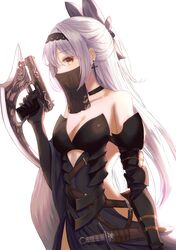  armor armored_dress backless_dress backless_outfit bare_shoulders black_choker black_dress black_gloves black_hairband black_ribbon bosumonki breasts choker cleavage collarbone commentary cowboy_shot cross cross_earrings dagger dress earrings elbow_gloves female girls&#039;_frontline gloves gun hair_ribbon hairband handgun highres holding holding_gun holding_weapon jewelry knife long_hair medium_breasts mouth_veil one_side_up red_eyes ribbon see-through sheath sheathed simple_background solo strapless strapless_dress tokarev_(girls&#039;_frontline) tokarev_(griffin&#039;s_dancer)_(girls&#039;_frontline) tokarev_tt-33 trigger_discipline veil very_long_hair weapon white_background white_hair 