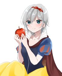  anastasia_(idolmaster) apple blue_eyes blue_shirt blush bow bow_hairband breasts cleavage closed_mouth collarbone cosplay earrings female food fruit grey_hair hair_between_eyes hairband hairbow haruno_(haruno_na) highres holding holding_food holding_fruit idolmaster idolmaster_cinderella_girls jewelry looking_at_viewer medium_breasts red_apple red_bow red_hairband shirt short_hair short_sleeves simple_background sitting skirt smile snow_white_(disney) snow_white_(disney)_(cosplay) snow_white_and_the_seven_dwarfs solo white_background yellow_skirt 