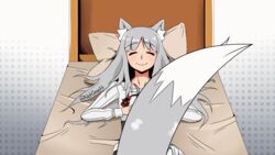  animal_ear_fluff animal_ears animated animated closed_eyes closed_mouth female grey_hair long_hair long_sleeves lying myuri_(spice_and_wolf) notchaott on_back on_bed pillow smile solo spice_and_wolf tail tail_wagging wolf_ears wolf_girl wolf_tail 
