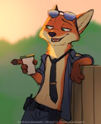  anthro canid canine clothed clothing disney eyewear fox hi_res letodoesart male mammal necktie nick_wilde open_clothing open_shirt open_topwear police police_uniform red_fox shirt solo sunglasses tie_bar tie_clip topwear true_fox uniform zootopia 