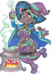  2022 absurd_res anthro armwear bell bell_collar belt black_body black_fur black_hair breasts cauldron cheek_tuft cleavage cloak clothed clothing collar daigaijin facial_tuft felid feline female fire footwear fur gloves green_highlights hair handwear happy hat headgear headwear hi_res highlights_(coloring) leaf leaf_in_hair legband leggings legwear lilian_blackthorne magic_user mammal midriff navel open_mouth open_smile paw_gloves potion shoes smile smoke solo tuft witch witch_hat yellow_eyes 