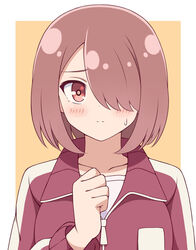  bad_id bad_pixiv_id blush border breasts brown_hair clenched_hand closed_mouth collarbone commentary female frown hair_over_one_eye hand_up highres hoshino_miyako_(wataten) jacket long_sleeves looking_at_viewer outside_border red_eyes red_jacket shirt short_hair simple_background solo split_mouth sweatdrop track_jacket upper_body watashi_ni_tenshi_ga_maiorita! white_border white_shirt yellow_background zeta_(24904340) zipper_pull_tab 