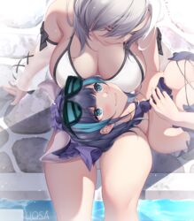  2girls :3 aqua_eyes arm_garter azur_lane bare_shoulders bikini black_hair blush breasts cheshire_(azur_lane) cheshire_(summery_date!)_(azur_lane) cleavage commentary detached_sleeves drake_(azur_lane) drake_(the_golden_hind&#039;s_respite)_(azur_lane) english_commentary eyewear_on_head grey_hair highres lap_pillow large_breasts long_hair looking_at_another multicolored_hair multiple_girls official_alternate_costume outdoors purple_bikini short_hair sidelocks smile streaked_hair sunglasses swimsuit thighs uosaasou water white_bikini yuri 