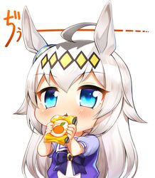  ahoge animal_ears blue_eyes blush bow bowtie chibi commentary drink drink_pouch drinking female food fruit grey_hair hair_ornament hairband hands_up highres holding horse_ears horse_girl juice long_hair mandarin_orange nihudau oguri_cap_(umamusume) orange_juice puffy_sleeves purple_bow purple_bowtie purple_shirt sailor_collar school_uniform serafuku shirt short_sleeves simple_background solo tracen_school_uniform translated umamusume upper_body white_background white_hair 