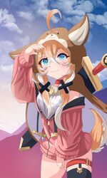  :3 absurdres ahoge animal_ears animal_hood black_thighhighs blue_eyes blue_sky breasts brown_hair cloud collar dog_ears dog_girl dog_hood dog_tail english_commentary female hair_ornament highres hood idol_corp long_hair looking_at_viewer medium_breasts multicolored_hair pink_hood pochi_wanmaru pochi_wanmaru_(pochi_1.0) red_collar shirt short_shorts shorts single_thighhigh sky sword sword_on_back tail thigh_strap thighhighs two-tone_hair vasillust virtual_youtuber weapon weapon_on_back white_hair white_shirt x_hair_ornament 