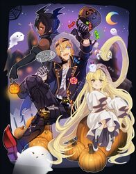  2boys ahoge black_hair blonde_hair candy candy_cane commentary crescent_moon dark-skinned_male dark_skin elbow_gloves feather_(granblue_fantasy) female food fur-trimmed_hood fur_trim ghost ghost_costume gloves granblue_fantasy halloween halloween_costume harvin head_wings hood jack-o&#039;-lantern jamil_(granblue_fantasy) lollipop melissabelle moon multiple_boys one_eye_closed prehensile_hair pumpkin symbol-only_commentary umou_(user_xxhp7583) wings 