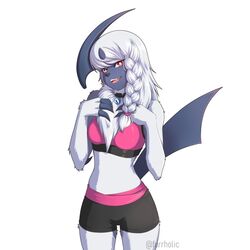  1:1 absol anthro anthrofied blue_body blue_skin breasts claws clothing digital_drawing_(artwork) digital_media_(artwork) female fur furrholic generation_3_pokemon hair looking_at_viewer nintendo pokemon pokemon_(species) pokemorph red_eyes smile smiling_at_viewer solo white_body white_fur white_hair 