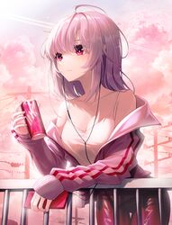  ahoge bad_id bad_pixiv_id bare_shoulders blush breasts can cellphone cleavage closed_mouth cloud cloudy_sky cowboy_shot day drink_can earphones eyebrows_hidden_by_hair female highres holding holding_can holding_phone jacket long_hair long_sleeves looking_afar medium_breasts off_shoulder open_clothes open_jacket original outdoors pants phone pink_eyes pink_hair pink_jacket pink_theme red_pants shirt sky sleeves_past_wrists smartphone soda_can solo thigh_gap utility_pole white_shirt yuyo_(i_iuyo) 