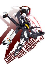  absurdres beam_saber character_name crossbone_gundam crossbone_gundam_x-1 green_eyes gun gundam heyzan highres holding holding_gun holding_sword holding_weapon looking_down mecha no_humans pirate robot science_fiction skull_and_crossbones solo sword v-fin weapon 