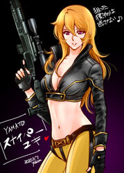  adapted_costume black_background black_gloves black_jacket blonde_hair breasts cleavage collarbone copyright_name cowboy_shot crop_top female fingerless_gloves gloves gradient_background gun hair_between_eyes holding holding_gun holding_weapon jacket long_hair long_sleeves looking_at_viewer medium_breasts midriff mori_yuki navel pants parted_lips purple_background purple_eyes solo standing stomach uchuu_senkan_yamato very_long_hair weapon yellow_pants yokon2199 