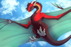  2019 3:2 3_toes black_hair cloud day detailed_background digital_media_(artwork) dragon european_mythology feet feral hair hindpaw horn lunalei membrane_(anatomy) membranous_wings mythological_creature mythological_scalie mythology outside pawpads paws scalie sky skyscape solo tail toes western_dragon wings wyvern 