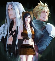  2boys absurdres amaati armor artist_name bare_shoulders belt black_hair blonde_hair blue_eyes bracelet breasts brown_skirt brown_vest chest_strap cleavage cloud_strife cowboy_hat cowgirl_(western) crop_top female final_fantasy final_fantasy_vii final_fantasy_vii_remake gloves green_eyes grey_hair hat highres jewelry long_hair midriff multiple_boys navel red_eyes sephiroth shinra_infantry_uniform shoulder_armor skirt spiked_hair tifa_lockhart tifa_lockhart_(cowgirl) vest 