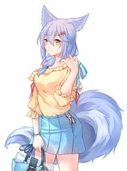  alternate_costume animal_ears arknights bag bare_shoulders blue_skirt braid casual commentary female hair_between_eyes hair_ornament hand_up highres holding holding_bag large_tail long_hair looking_at_viewer miniskirt minuo off-shoulder_shirt off_shoulder pleated_skirt provence_(arknights) purple_hair shirt simple_background single_braid skirt smile solo tail white_background wolf_ears wolf_tail yellow_eyes yellow_shirt 