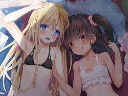  2girls :q arm_up armpits bikini black_bikini black_hair blonde_hair blue_eyes blush breasts brown_eyes commentary_request kazumasa long_hair lying multiple_girls navel on_back open_mouth original scrunchie side_ponytail small_breasts smile swimsuit tan tanlines tongue tongue_out upper_body very_long_hair white_bikini 