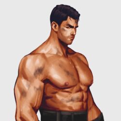  1boy abs arcane:_league_of_legends arcane_jayce areyoucracked bad_id bad_twitter_id bara black_hair closed_mouth dirty dirty_face jayce_(league_of_legends) large_pectorals league_of_legends looking_at_viewer male_focus muscular muscular_male nipples pectorals short_hair simple_background solo sweat topless_male upper_body 