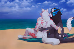  2019 5_fingers anthro beach canid canine canis day detailed_background digital_media_(artwork) dragon duo fingers fur furred_dragon furred_scalie grey_body grey_fur lunalei male mammal mythological_creature mythological_scalie mythology outside sand scalie seaside shoreline sky tail water wingless_dragon wolf 