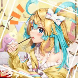  amakawa_hano bare_shoulders blonde_hair blue_eyes blue_hair blush bow breasts camisole character_name cleavage collarbone commentary_request female food hair_between_eyes hair_ornament hairbow highres holding holding_food indoors instagram jacket kuria_(clear_trip_second) long_sleeves looking_at_viewer multicolored_hair notice_lines off_shoulder open_clothes open_jacket open_mouth pennant pocky puffy_long_sleeves puffy_sleeves re:act sleeves_past_wrists small_breasts solo star_(symbol) star_hair_ornament string_of_flags stuffed_animal stuffed_cat stuffed_rabbit stuffed_toy sweat teeth two-tone_hair upper_teeth_only virtual_youtuber white_bow white_camisole yellow_jacket 