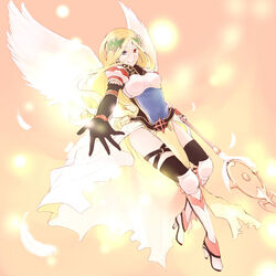  angel_wings armor armored_dress black_gloves black_thighhighs blonde_hair blue_eyes boots closed_mouth commentary_request elbow_gloves feathered_wings female full_body gauntlets gloves heterochromia high_heel_boots high_heels long_hair looking_at_viewer negi_mugiya ragnarok_online red_eyes smile solo staff thighhighs valkyrie valkyrie_(ragnarok_online) white_wings wings 