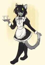  absurd_res anthro apron beverage bow_(feature) clothing costume domestic_cat dress_up felid feline felis femboy footwear hi_res horn hypohate legwear maid_apron maid_uniform male mammal piercing pose servant serving socks solo teasing thigh_highs uniform yanma_(hypohate) 