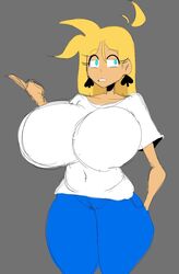  1girls big_breasts blue_eyes blue_jeans breasts chocovenus_(body_type) cream_vanilla earrings female female_only gigantic_breasts huge_breasts hyper hyper_breasts hyper_hourglass jeans jewelry large_breasts queen_of_spades spade_earrings thedo thedomely thick_thighs thighs white_shirt white_skin yellow_hair 