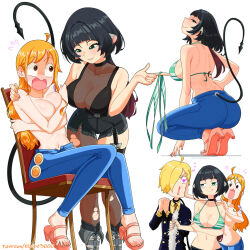  1boy 2girls :q @_@ arm_around_back ass assisted_exposure back bare_arms bare_shoulders bikini bikini_top_only black_hair blonde_hair boots breasts chair clothes_theft convenient_arm convenient_censoring cosplay covering_breasts covering_privates crossover elpipe_3000 flying_sweatdrops garter_straps green_eyes hair_over_one_eye hand_on_another&#039;s_cheek hand_on_another&#039;s_face hand_on_another&#039;s_shoulder hand_on_own_hip heart heart-shaped_pupils high_heels highres holding holding_swimsuit holding_unworn_clothes jacket jane_doe_(zenless_zone_zero) knees_together_feet_apart large_breasts leaning_forward long_hair long_sleeves looking_at_another looking_at_viewer low_ponytail mechanical_tail median_furrow multiple_girls nami_(one_piece) nami_(one_piece)_(cosplay) navel on_chair one_piece orange_hair own_hands_together pants pantyhose pantyhose_under_shorts ponytail red_hair sanji_(one_piece) sharp_tail shirt shoes short_hair short_shorts shorts shoulder_blades shoulder_tattoo simple_background single_garter_strap single_leg_pantyhose single_thighhigh sitting smile squatting standing stomach straight swimsuit swimsuit_theft symbol-shaped_pupils tail tail_around_neck tail_grab tail_through_clothes tail_wrap tattoo theft thigh_gap thighhighs tongue tongue_out topless torn_clothes torn_pantyhose torn_thighhighs unworn_bikini_top unworn_clothes web_address zenless_zone_zero 