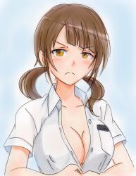  annoyed blue_background blunt_bangs blush breasts brown_eyes brown_hair cleavage closed_mouth collarbone collared_shirt commentary_request frown highres large_breasts looking_at_viewer marker_(medium) okita_sawa potekite shirt short_sleeves short_twintails sidelocks simple_background tari_tari traditional_media twintails v-shaped_eyebrows white_shirt 