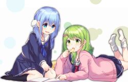  2girls :3 black_socks blue_eyes blue_hair blue_neckerchief blue_shirt blue_skirt book bow cardigan chips_(food) crumbs eating food green_eyes green_hair hair_between_eyes hair_ornament hairbow hand_up highres jewelry legs_up light_blue_hair light_blush long_hair long_sleeves lying midriff_peek miniskirt morinaka_kazaki multiple_girls neckerchief necklace nekomitei nijisanji no_shoes on_stomach open_cardigan open_clothes open_mouth pink_cardigan pleated_skirt pointing pom_pom_(clothes) pom_pom_hair_ornament red_neckerchief sailor_collar sailor_shirt school_uniform serafuku shirt simple_background sitting skirt smile socks swept_bangs virtual_youtuber white_background white_sailor_collar white_socks yuuki_chihiro 