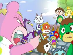  4_fingers accusation animal_crossing anthro avian beak bear becky_(animal_crossing) bird black_eyes black_nose blonde_hair blue_body blue_clothing blue_dress blue_eyes blue_footwear blue_fur blue_hair blue_inner_ear blue_shoes bluebear_(animal_crossing) bodily_fluids brown_clothing brown_eyes brown_hair brown_topwear brown_vest canid canine canis carmen_(animal_crossing) charlise_(animal_crossing) cheek_tuft chicken closed_beak closed_eyes clothed clothed_anthro clothed_female clothed_human clothed_male clothing cloud colored cookieboy011 crossed_arms digital_drawing_(artwork) digital_media_(artwork) domestic_cat domestic_dog dress english_description facial_tuft feathers felid feline felis female fingers floppy_ears footwear frown fully_clothed fully_clothed_human fully_clothed_male fur furrowed_brow galliform green_body green_fur green_inner_ear green_tail group hair half-closed_eyes haplorhine human isabelle_(animal_crossing) lagomorph larger_anthro larger_female larger_male light lighting long_ears looking_at_another lop_ears male mammal mask microphone_stand monkey narrowed_eyes nintendo open_frown open_mouth orange_ears orange_inner_ear outside pattern_clothing pattern_shirt pattern_tank_top pattern_topwear phasianid pink_tongue plant pointy_ears ponytail primate pupils purple_body purple_clothing purple_dress purple_feathers purple_hair purple_shirt purple_tail purple_tank_top purple_topwear rabbid raving_rabbids rayman_(series) red_clothing red_hair_tie red_mask red_nose red_shirt red_tongue red_topwear saliva shaded shih_tzu shirt shoes short_hair simon_(animal_crossing) size_difference smaller_anthro smaller_female sports_mask sportswear stage stinky_(animal_crossing) story story_in_description striped_clothing striped_shirt striped_tank_top striped_topwear stripes tail tail_feathers tan_body tan_skin tank_top teeth tongue topwear toy_dog tree triangle_nose tuft ubisoft vest vladimir_(animal_crossing) white_body white_clothing white_face white_fur white_inner_ear white_pupils white_shirt white_tank_top white_topwear whitney_(animal_crossing) wolf worried_look wrestling_mask yellow_beak yellow_inner_ear 