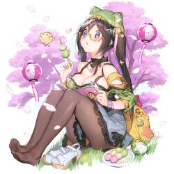  baby_animal bird black_choker blue_eyes breasts brown_hair brown_pantyhose cherry_blossoms chick choker cleavage dango falling_petals female food frilled_skirt frills frog glasses hair_ornament hat holding holding_food kino_books large_breasts long_hair on_grass pantyhose petals ribbon_choker sandals shoes sitting skirt star_(symbol) star_hair_ornament twintails uchi_no_hime-sama_ga_ichiban_kawaii unworn_shoes wagashi white_shoes whoisshe yellow_bag 