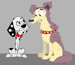  101_dalmatian_street 101_dalmatians black_ear black_nose black_spots canid canine canis collar crossover crumbtoxickitty dalmatian disney domestic_dog duo dylan_(101_dalmatians) feral floppy_ears fur grey_background hasbro heterochromatic_ears hi_res lucky_(pound_puppies) male male/male mammal multicolored_body multicolored_fur pink_inner_ear pound_puppies pound_puppies_(2010) purple_body purple_fur red_collar simple_background sitting spots star two_tone_body two_tone_fur white_body white_fur white_spots yellow_body yellow_fur 