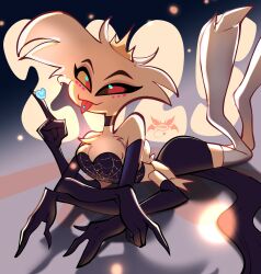  2025 4_arms 4_fingers abstract_background absurd_res angel_dust anthro arachnid arthropod bottomwear breasts candy choker cleavage clothed clothing corset crown demon dessert digital_drawing_(artwork) digital_media_(artwork) eyelashes femboy fingers fluffy fluffy_chest food fur hair hazbin_hotel headgear hellaverse hi_res jewelry legwear lingerie looking_at_viewer lying male multi_arm multi_limb necklace on_front pink_eyes pinksartdump skirt smile solo spider spider_demon thigh_highs tiara tongue tongue_out topwear watermark white_body white_fur white_hair 