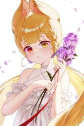  absurdres alice_thymefield alternate_costume animal_ear_fluff animal_ears bare_shoulders blonde_hair commentary dress falling_petals female flower frilled_dress frills heterochromia highres holding holding_flower long_hair looking_at_viewer nail_polish parted_lips petals pink_flower rabbit_ears rabbit_girl red_eyes simple_background sleeveless sleeveless_dress solo symbol-only_commentary twintails upper_body white_background white_dress yamisroot yellow_eyes zenless_zone_zero 