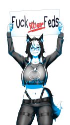  animal_ear_fluff animal_ears belly black_hair commission cowboy_shot crossed_out dog_tags english_text female glasses highres holding holding_above_head holding_sign ko_winters logo long_sidelocks medium_hair multicolored_hair navel original overwritten_text pakdeus round_eyewear second-party_source sidelocks sign simple_background smug spot_color tail white_streaks wolf_ears wolf_girl wolf_tail 