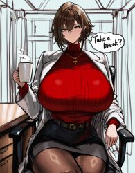  absurdres belt black_belt black_skirt breasts brown_hair brown_pantyhose coffee_mug commentary cross cross_necklace crossed_bangs cup desk double-parted_bangs elbow_rest english_text female hair_between_eyes highres holding holding_cup huge_breasts indoors jacket jewelry looking_at_viewer medium_hair mug necklace orange_eyes original pantyhose pencil_skirt red_sweater ribbed_sweater sitting skirt smile solo speech_bubble steaming_cup sweater sweater_tucked_in symbol-only_commentary thick_thighs thighs turtleneck turtleneck_sweater white_jacket wolffeld_price 