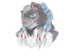  anthro arcturus_star_of_the_west blue_eyes braided_hair canid canine canis demon desertfluff/k.o.arts flower fur grey_body grey_fur hair hi_res male mammal mythological_canine mythological_creature mythology plant pup_arcturus rose_(flower) solo werecanid werecanine werecreature werewolf wolf 