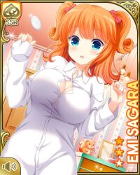  :o blue_eyes bow breasts bursting_breasts card_(medium) character_name cleavage door female girlfriend_(kari) hair_ribbon large_breasts official_art orange_hair qp:flapper red_bow ribbon sagara_emi shirt sleeves_past_wrists solo standing stuffed_squirrel surprised thighs twintails white_shirt 